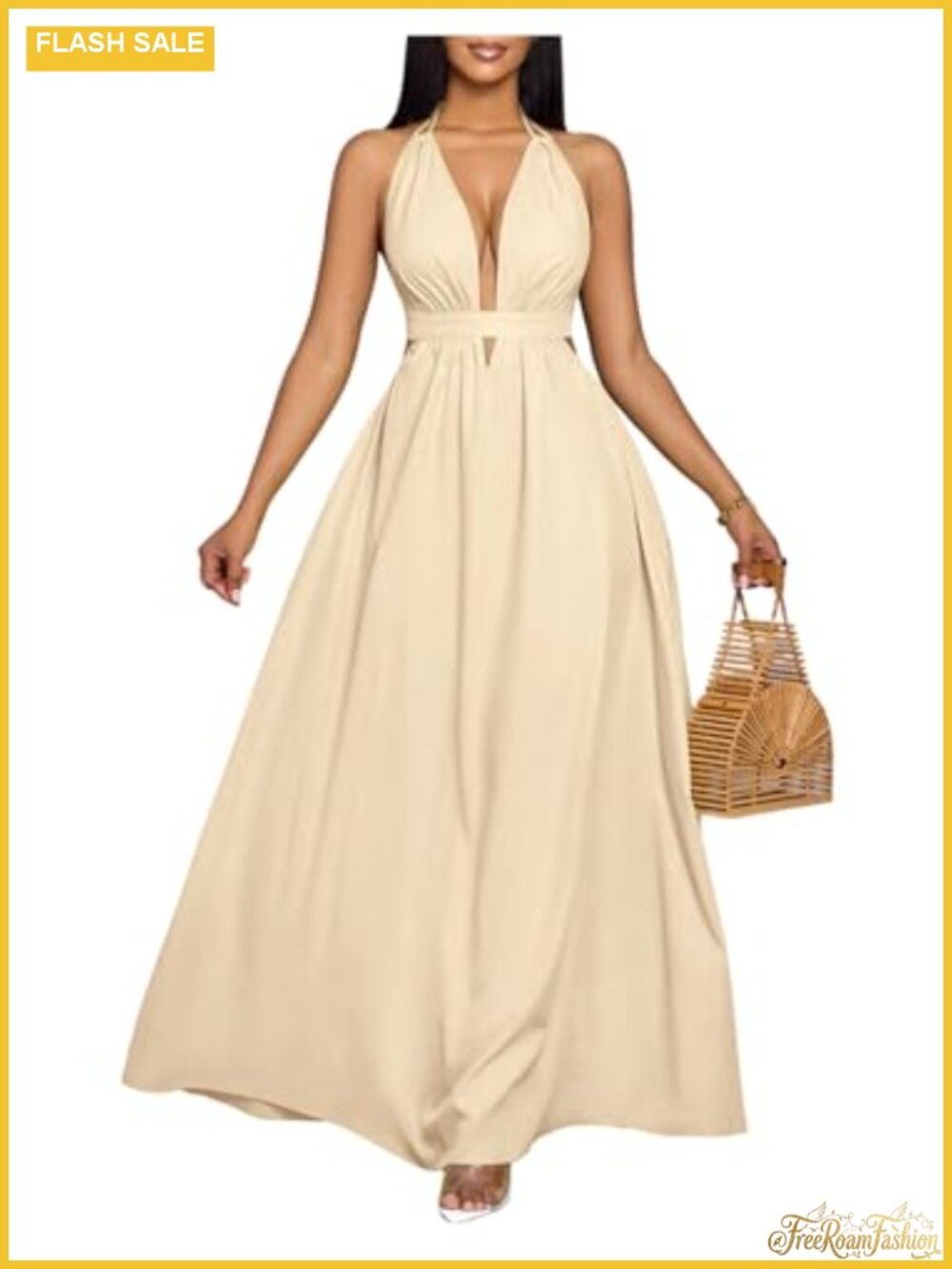 Elegant Deep V Neck Halter Maxi Dress Sleeveless Backless Flowy A-Line Formal